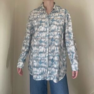 Lafayette 148 NY Patterned Cotton Button-Down Gray & Turquoise Blouse Size Large